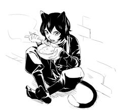 a black and white drawing of a cat girl eating some food with her eyes closed