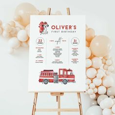 a poster with an image of a fire truck on it and balloons in the background