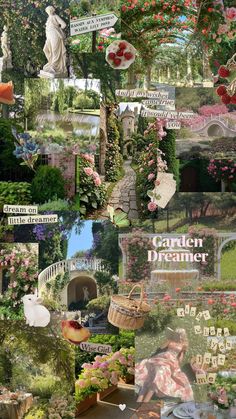 collage of garden scenes with flowers and statues