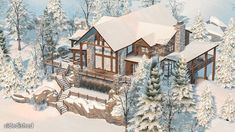 this is an artist's rendering of a house in the snow with stairs leading up to it