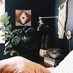 a bedroom with black walls and plants on the nightstand next to the bed in front of it