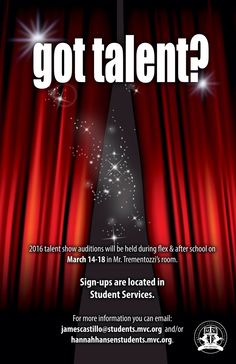 a poster with the words got talent? on it, and an image of a red curtain