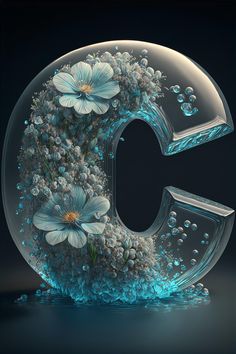 the letter c is made up of flowers and bubbles in front of a black background