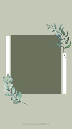 a square frame with green leaves and branches on the bottom, in front of a gray background