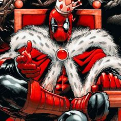 a deadpool is sitting in a chair with his thumbs up