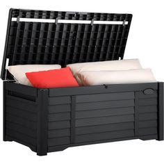 an outdoor storage box with cushions and pillows in it's lid, on a white background