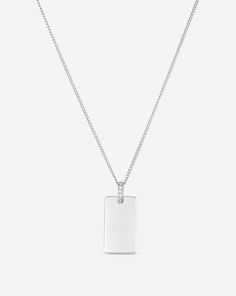 Engravable Rectangle Pendant Necklace in White Gold without engraving. Diamond Necklace With Rectangular Pendant, Rectangular Diamond Cut Diamond Necklace, Rectangular Brilliant Cut Diamond Necklace, Minimalist Diamond White Jewelry With Polished Finish, Rectangular Diamond Necklace In White Gold, Minimalist Polished Diamond White Jewelry, Rectangular Diamond Necklace For Anniversary, Modern White Gold Diamond Necklace With Polished Finish, Rectangular White Gold Diamond Necklace