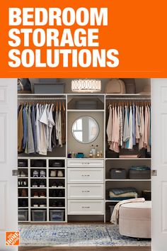 a bedroom storage solution with an orange sign above it that reads, bedroom storage solutions