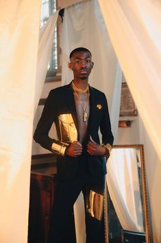 Chrome Breastplate, Black And Gold Outfit, High Fashion Men, Look Festival, Birthday Fits, Gold Outfit, Queer Fashion, Gold Chrome, Prom Outfits