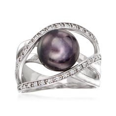 Ross-Simons - 10mm Black Cultured Pearl, .10ct t. w. White Zircon Highway Ring Size 8. Update your accessories with this unique statement. A 10mm black cultured freshwater pearl gleams its iridescent hue from a stylish highway design sparked with .10 ct. t. w. white zircon rounds. Cool and intriguing with a bit of icy sparkle...this ring has it all! Set in polished sterling silver. 5/8" wide. White zircon and black pearl highway ring. Pearl birthstones are the perfect gift for June birthdays. Highway Design, Jewelry Presentation, White Stone Ring, Pearl Birthstone, Fringed Belt, Fine Jewelery, Lipstick Bag, Floral Shoes, Size 10 Rings