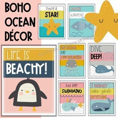 an assortment of greeting cards with cute animals and starfishs on them, including the words boho ocean decor life is beachy