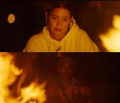 two images of people sitting around a fire with one woman looking at the camera and the other man standing behind them