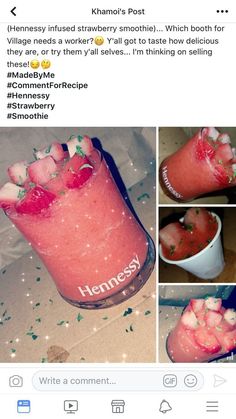 a pink drink with strawberries in it on top of a table next to other pictures