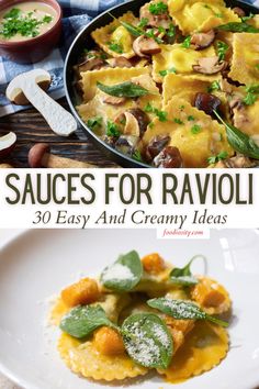 the cover of sauces for ravioli is shown in this collage with text overlay