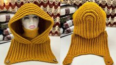 two pictures of a yellow knitted scarf with hood on top and bottom, one in the shape of a woman's head