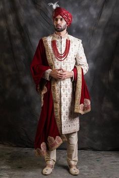 Shop for Soniya G White Raw Silk Embroidered Sherwani Set for Men Online at Aza Fashions White Sherwani, Grey Lehenga, Groom Sherwani, Embroidered Sherwani, Red And White Weddings, Suit Combinations, Kurti Style, Sherwani Groom, Brown Suit