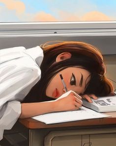 a painting of a woman laying down with her eyes closed and writing on a piece of paper