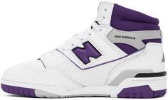 High-top paneled buffed leather and mesh sneakers in white and purple. Perforated detailing throughout. · Lace-up closure · Logo patch at padded tongue · Padded collar · Logo appliqué at sides · Logo printed at sides and heel counter · Mesh lining · Treaded rubber sole Supplier color: White/Interstellar New Balance White, Mesh Sneakers, New Balance Sneakers, Interstellar, Mens Sportswear, Sneaker Collection, Sneakers White, Casual Sneakers, High Top