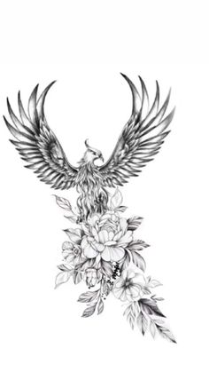 a drawing of a bird with flowers on it's back and its wings spread out