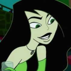 an animated image of a woman with long hair and green dress holding a glass in her hand