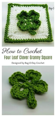 crochet four leaf clover granny square is shown in three different colors and sizes