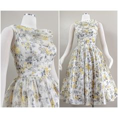 "This is a lovely 50s/60s yellow and gray floral nylon chiffon party dress. It is sleeveless with a wonderful draped cowl neckline. The bodice is fitted and the skirt is gathered at the natural waistline. The skirt falls just past the knees and is a full-circle skirt. The dress is fully lined in a matching floral print rayon and it's just so fun. The dress zips up the back with a metal zip and has an attached nylon tulle petticoat at the waist that ties closed.  Condition: The dress is in great Full Circle Dress, Tulle Petticoat, Chiffon Party Dress, Circle Dress, Full Circle Skirt, Full Circle Skirts, Cowl Neckline, Fall Skirts, Full Circle