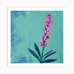 a painting of purple flowers on a blue background