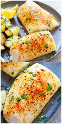 two pictures of fish and potatoes on a plate