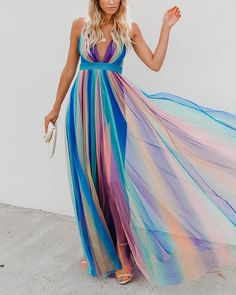 Rainbow Dress Women, Bow Renewal, Dress At The Beach, Renewal Dress, Flare Long Dress, Maternity Long Dress, Boho Beach Dress, Rainbow Pastel, Rainbow Outfit