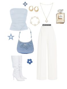 Chanel, Prada, van cleef & arples 18th Birthday Outfit Casual, Royale High Themes, Blue And White Outfit Ideas, 13th Birthday Outfit, Blue White Outfit, Mamma Mia Outfits, Light Blue Outfit, Txt Concert Outfit