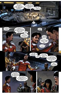 a comic page with an image of the avengers and iron man talking to each other