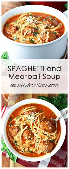 spaghetti and meatball soup in a white bowl