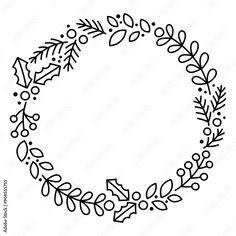 a wreath with holly leaves and berries on it, drawn in black ink by hand