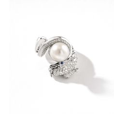 Naga Ring, Sterling Silver, Diamonds, Pearl Luxury Snake Ring With Brilliant Cut Diamond, Luxury Diamond Snake Ring With Brilliant Cut, Luxury Silver Diamond Evening Ring, White Diamond Rings For Evening, Luxury Open Ring With Pave Setting, Luxury Evening Ring Jewelry, Luxury Evening Ring, Luxury Silver Rings For Evening, White Gold Diamond Pearl Promise Ring