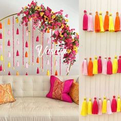 the wall is decorated with flowers and tassels