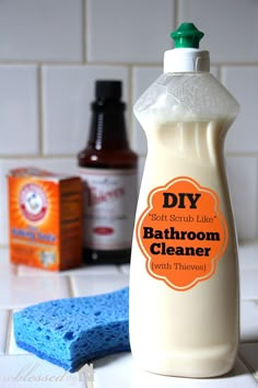 a bottle of diy bathroom cleaner sitting on a counter