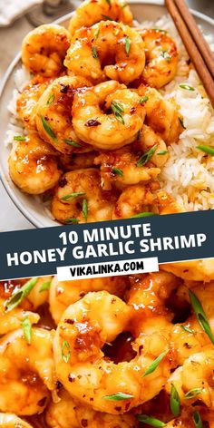 shrimp and rice with chopsticks on the side in front of it, text overlay reads 10 minute honey garlic shrimp