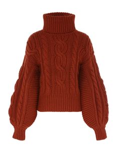 The Illustration Cable Sweater in Spice from our Fall 2024 Collection, In Illustration. A cable knit sweater featuring a thick roll neck and ribbed edges throughout; finished with long blouson sleeves. Fall Cable Knit Turtleneck, Fitted Cable Knit Turtleneck With Funnel Neck, Cozy Cable Knit Turtleneck For Fall, Wool Cable Knit Long Sleeve Turtleneck, Long Sleeve Wool Cable Knit Turtleneck, Fall Turtleneck With Ribbed Cuffs For Cold Weather, Long Sleeve Cable Knit Turtleneck For Cold Weather, Wool Turtleneck Cable Knit Outerwear, Wool Cable Knit Turtleneck Outerwear