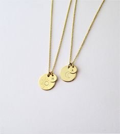 "Minimalist Sun and Moon friendship necklaces with initial disks. Matching couple necklaces set. Sun and Crescent friendship jewelry. Gold plated brass, or Rhodium plated brass (for silver tone). This listing is for set of two necklaces. - big disc 11 mm, small disc 6 mm - gold or silver tone, see the picture 4 - select your length necklace in the drop down menu - lobster or round clasp closure - the adjustable chain part 2 inch is added only on buyer request and it is free - just include a note Minimalist Pendant Charm Necklace For Best Friend, Minimalist Charm Necklaces For Best Friend Gift, Minimalist Charm Necklace For Best Friend Gift, Minimalist Round Pendant Necklace For Friendship, Minimalist Initial Pendant Necklace As Best Friend Gift, Minimalist Initial Pendant Necklace For Best Friend, Dainty Personalized Necklace For Friendship, Personalized Dainty Necklace For Friendship, Dainty Personalized Friendship Necklace