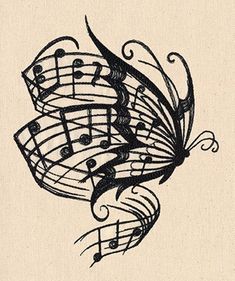 a drawing of music notes and a butterfly