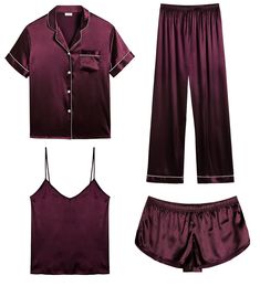 PRICES MAY VARY. 【Premium Material】--- This 4 piece pajama set is made of high-quality satin(95% Polyester, 5% Spandex), which is very soft, lightweight, and comfortable. This lightweight pajama set has a silky texture that will make you feel smooth and shiny, never pilling or fading, and help you sleep well, dreamlike. 【4Pcs Pajama Set】--- Women 4 pcs pjs sets include spaghetti strap cami top, a button-down short sleeve sleepshirt, a pair of shorts, a pair of long pants. This four-piece sets fo Maternity Pajama Set, Bridal Sleepwear, Satin Pjs, Silk Pjs, Bridesmaid Pajama Set, Satin Sleepwear, Silk Sleepwear, Pajamas Sets, Silk Pajama Set