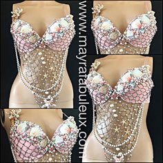 four different pictures of a woman's corset with pearls and beads on it