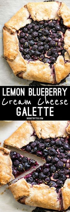 lemon blueberry cream cheese galette is cut in half and ready to be eaten