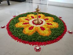 Fresh Flower Rangoli Designs, Rangoli Designs For Office, Welcome Rangoli With Flowers, Rangoli Designs With Flowers Petals, Rangoli From Flowers, Welcome Rangoli, Leaf Decor Wedding, Pookalam Design