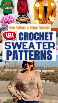 a woman standing in front of a sign that says crochet sweater patterns