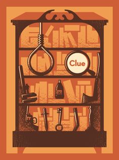 an orange and brown poster with tools on it's shelf in the shape of a bookcase