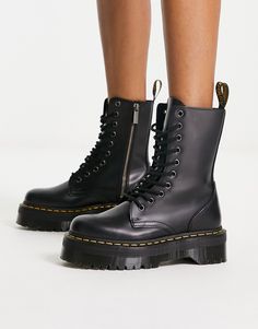 Shoes by Dr Martens Add-to-bag material Lace-up front Zip-side closure Signature Dr Martens Round toe Chunky sole Lugged tread Dr Martens Jadon Hi, Jadon Hi, Flip Flop Boots, Dr Martens Black, Aesthetic Fits, Shiny Clothes, White Trainers