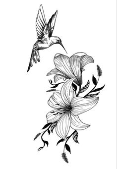 a drawing of a bird flying over flowers