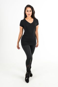 Women's black short sleeve T-Shirt (Leggings sold separately) Black V-neck T-shirt In Athleisure Style, Black V-neck T-shirt For Athleisure, Black Stretch Short Sleeve Activewear, Black Stretch Activewear With Short Sleeves, Yoga Pants Girls, Womens Black Shorts, Black Shorts, Pretty Things, Yoga Pants