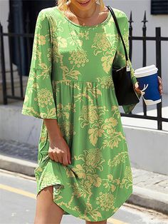 Loose Tunic, Line Dresses, Printed Casual Dresses, Flare Sleeve Dress, Traje Casual, A Line Dresses, Mini Robes, Mid Length Skirts, Curve Dresses